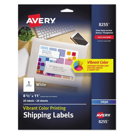 AVERY DENNISON Color Inkjet Labels, 8-1/2x11, White, PK20 8255